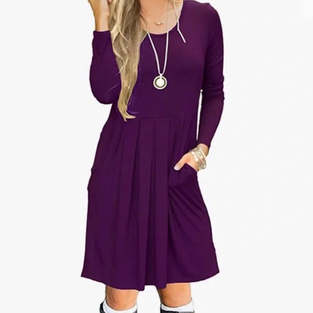 Todolor Stretch Jersey Long Sleeve Swing Dress Purple Pockets NWT Large